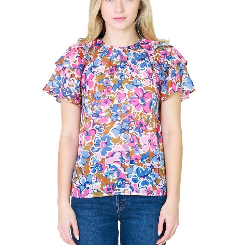 Banjanan Andrea Pink Blue Floral Ruffle Sleeve Blouse